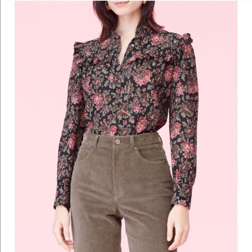 NWT Rebecca Taylor Floral Ruffle Metallic Blouse